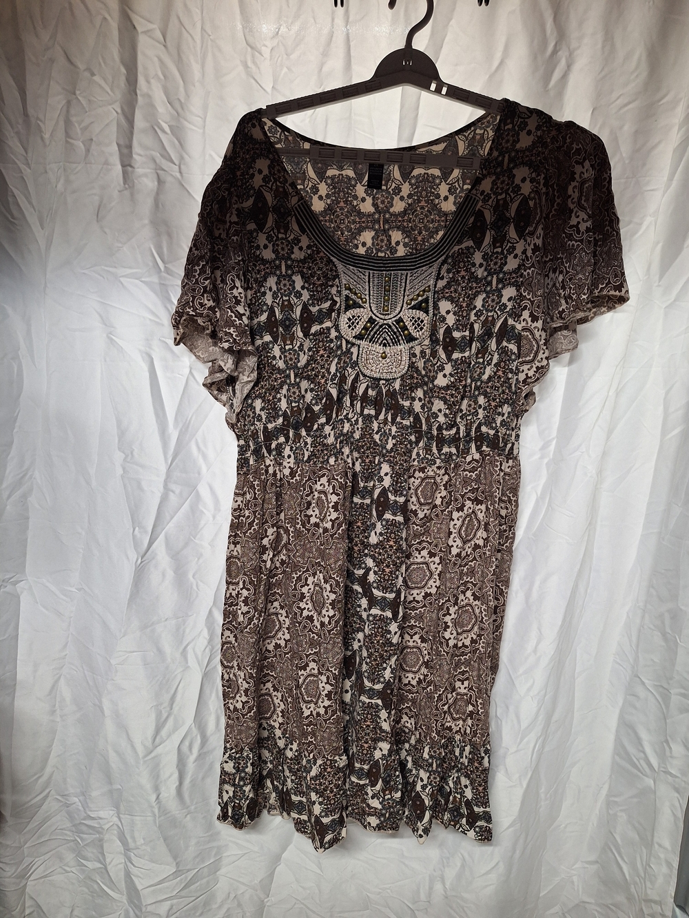 Style & Co. Brown Patterned Midi Dress with Embellished Yoke